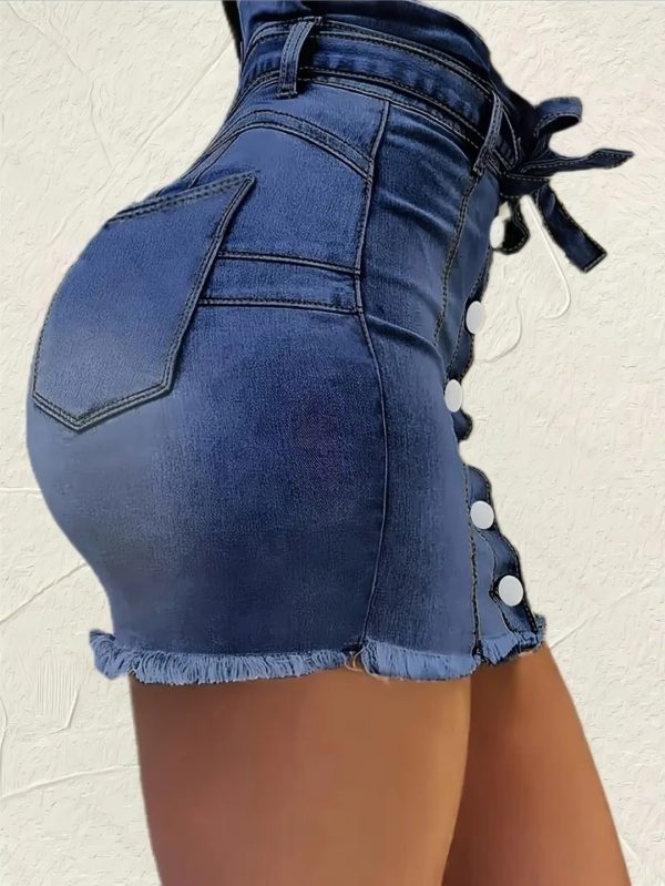 Figurbetonter High-Waist Jeans-Minirock mit Knopfleiste und Bindegürtel – Bild 2