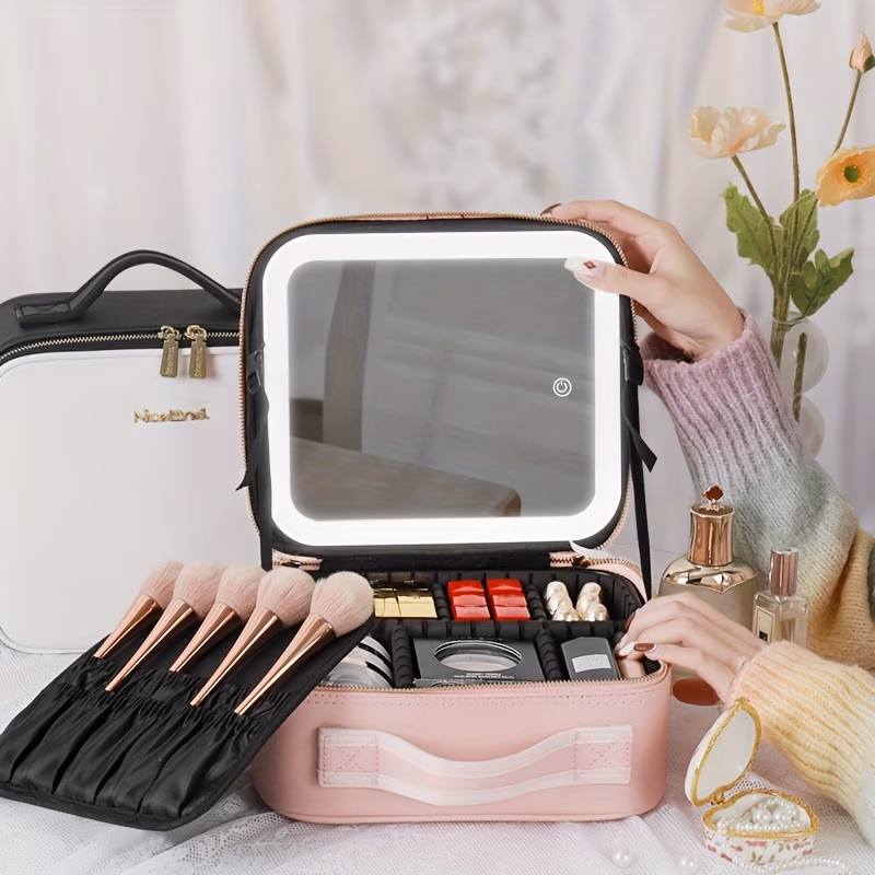 Elegante LED-Kosmetiktasche mit Spiegel – Rosa